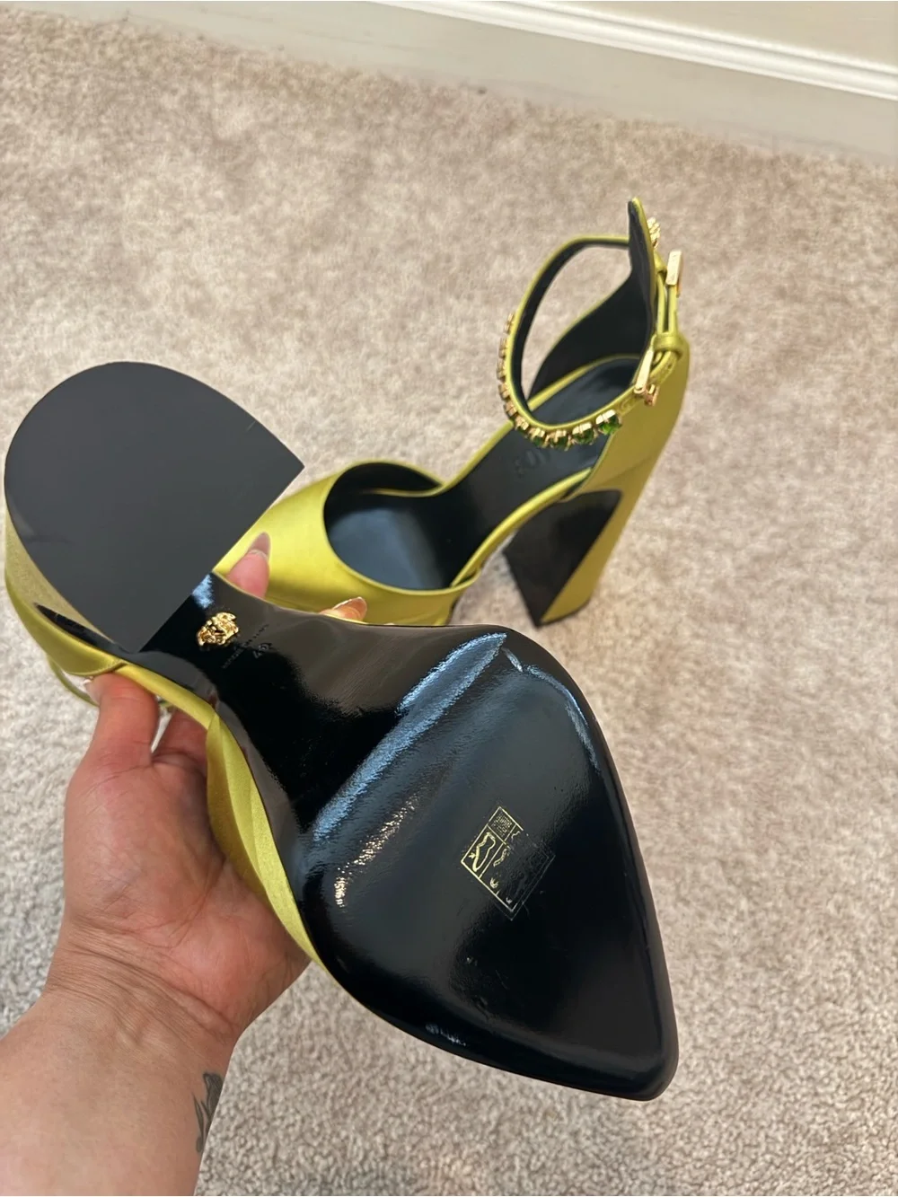 Versace Olive Green Platform Ankle-Strap Pumps with Embellished Buckle